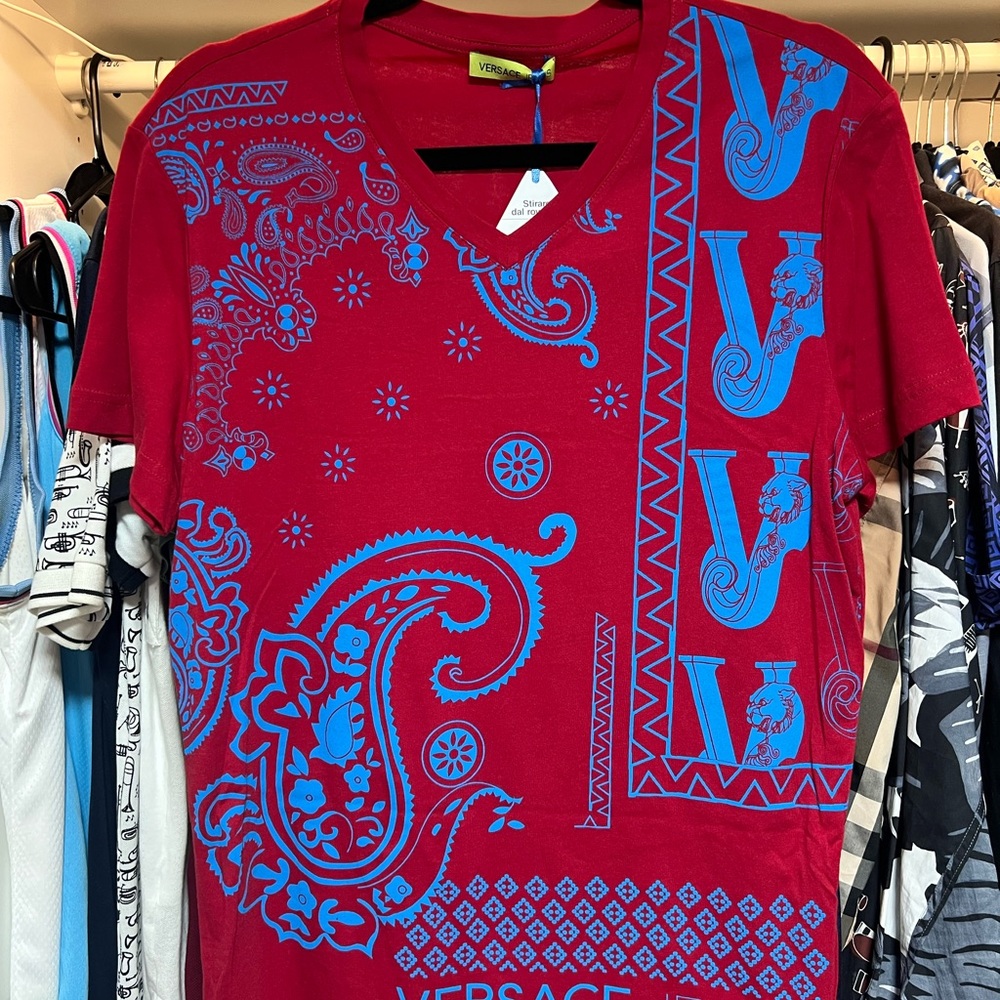 Versace Jeans Collection Red Tee with Blue Accents Bandana T-Shirt S